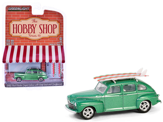 1946 Ford Fordor Super Deluxe Green Metallic with White Interior and Roof Rack with Surfboards "The Hobby Shop" Series 16 1/64 Diecast Model Car by Greenlight-DiecastModeler.com