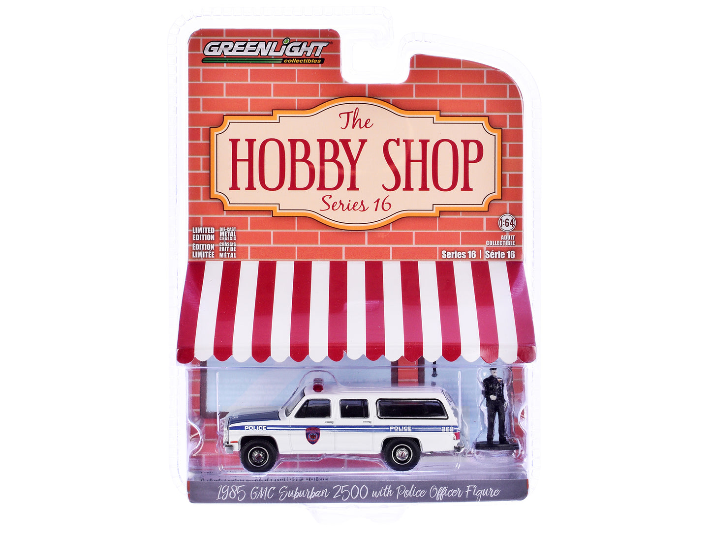 1985 GMC Suburban 2500 "New York City Transit Police Department" White with Blue Stripes and Police Officer Figure "The Hobby Shop" Series 16 1/64 Diecast Model Car by Greenlight-DiecastModeler.com