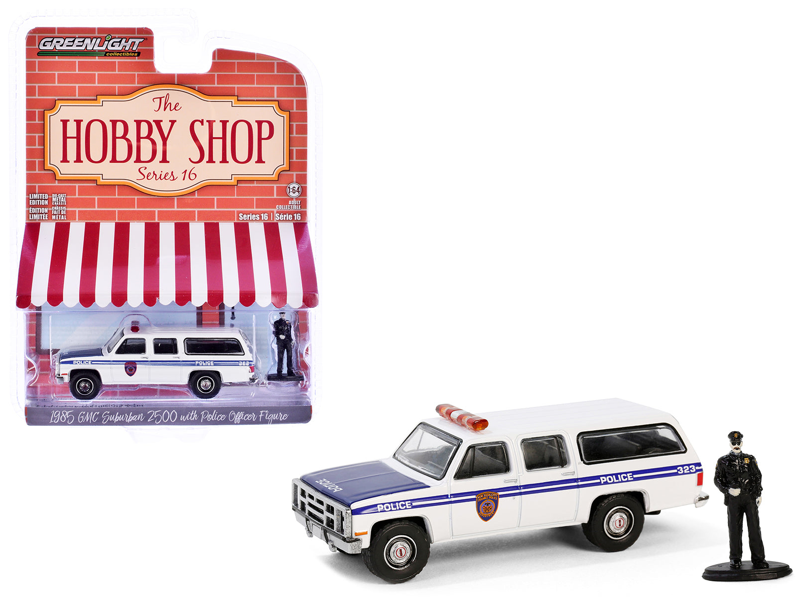 1985 GMC Suburban 2500 "New York City Transit Police Department" White with Blue Stripes and Police Officer Figure "The Hobby Shop" Series 16 1/64 Diecast Model Car by Greenlight-DiecastModeler.com
