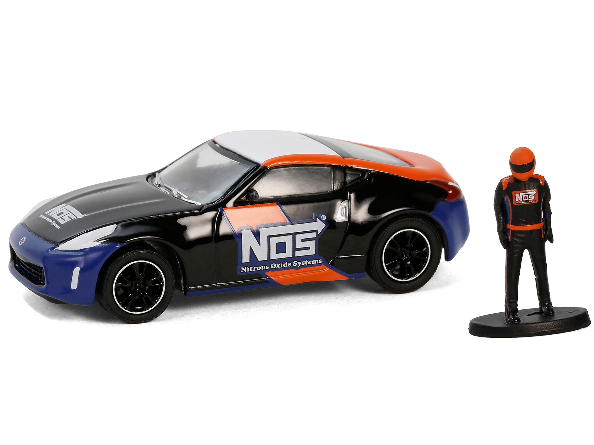 2020 Nissan 370z "NOS Nitrous Oxide Systems" Black with Graphics and Race Car Driver "The Hobby Shop" Series 16 1/64 Diecast Model Car by Greenlight-DiecastModeler.com
