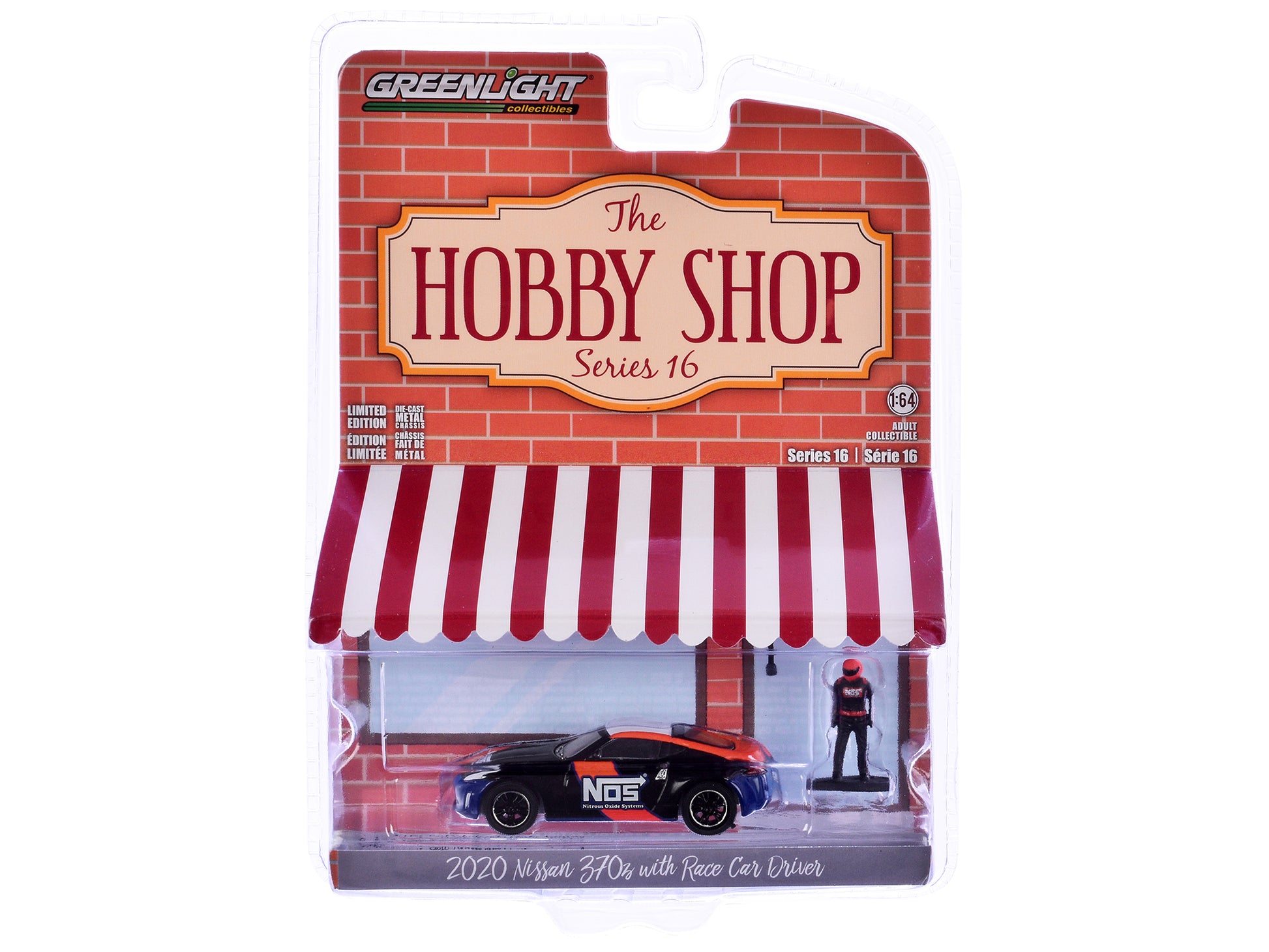 2020 Nissan 370z "NOS Nitrous Oxide Systems" Black with Graphics and Race Car Driver "The Hobby Shop" Series 16 1/64 Diecast Model Car by Greenlight-DiecastModeler.com