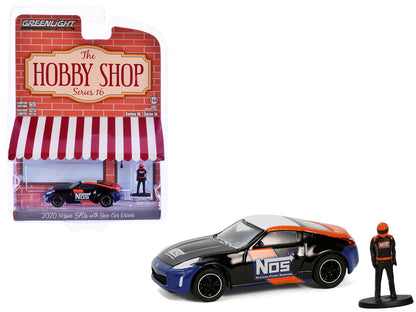 2020 Nissan 370z "NOS Nitrous Oxide Systems" Black with Graphics and Race Car Driver "The Hobby Shop" Series 16 1/64 Diecast Model Car by Greenlight-DiecastModeler.com