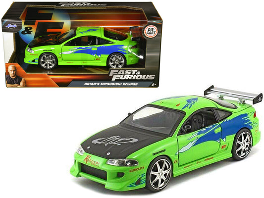Brian's Mitsubishi Eclipse Green with Black Hood and Graphics "The Fast and The Furious" (2001) Movie 1/24 Diecast Model Car by Jada-DiecastModeler.com
