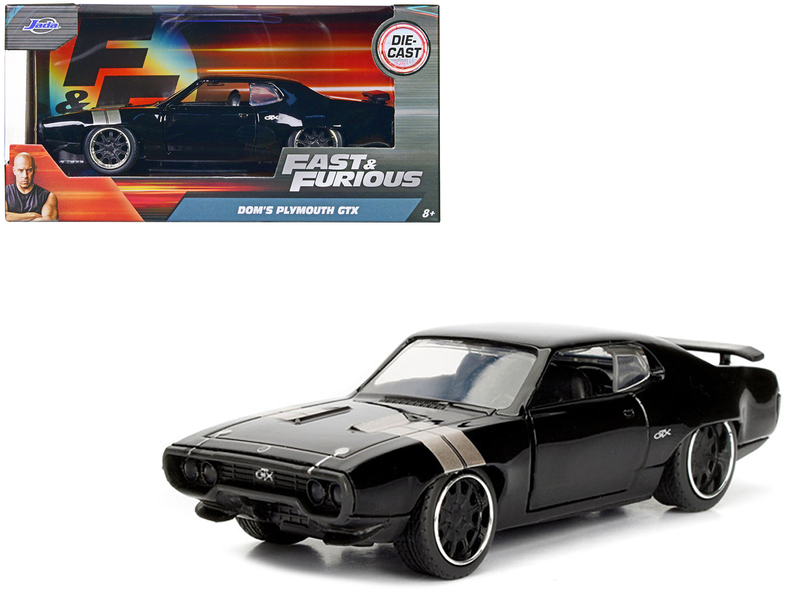 Dom's Plymouth GTX Black with Silver Stripes Fast & Furious F8 "The Fate of the Furious" Movie 1/32 Diecast Model Car by Jada-DiecastModeler.com
