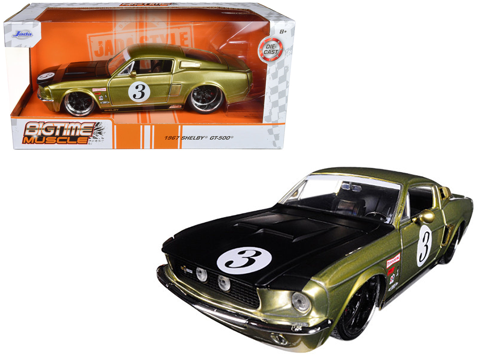 1967 Ford Shelby GT-500 #3 Gold with Matt Black Hood "Big Time Muscle" 1/24 Diecast Model Car by Jada-DiecastModeler.com