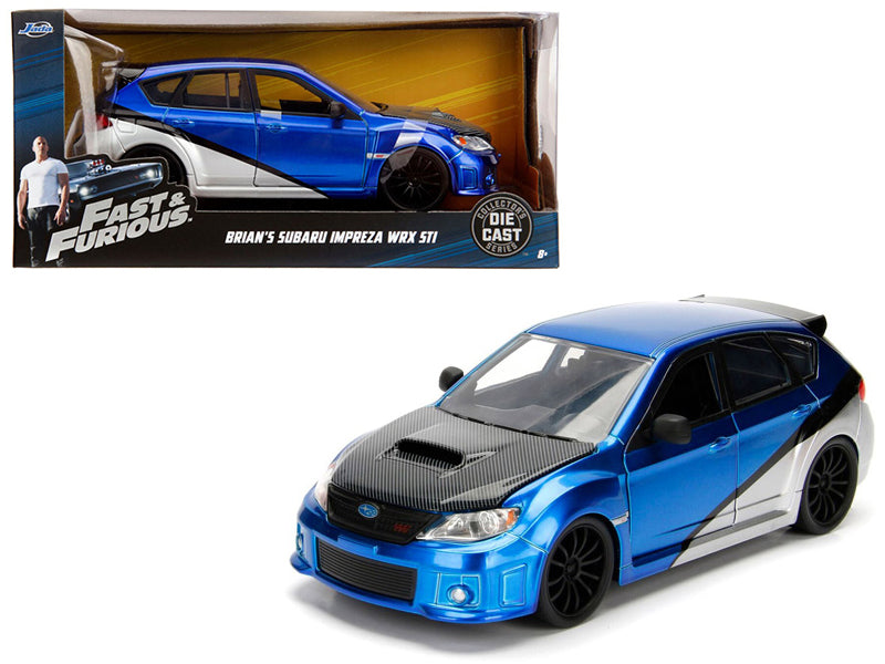 Brian's Subaru Impreza WRX STI Blue and Silver with Carbon Hood "Fast & Furious" Movie 1/24 Diecast Model Car by Jada-DiecastModeler.com