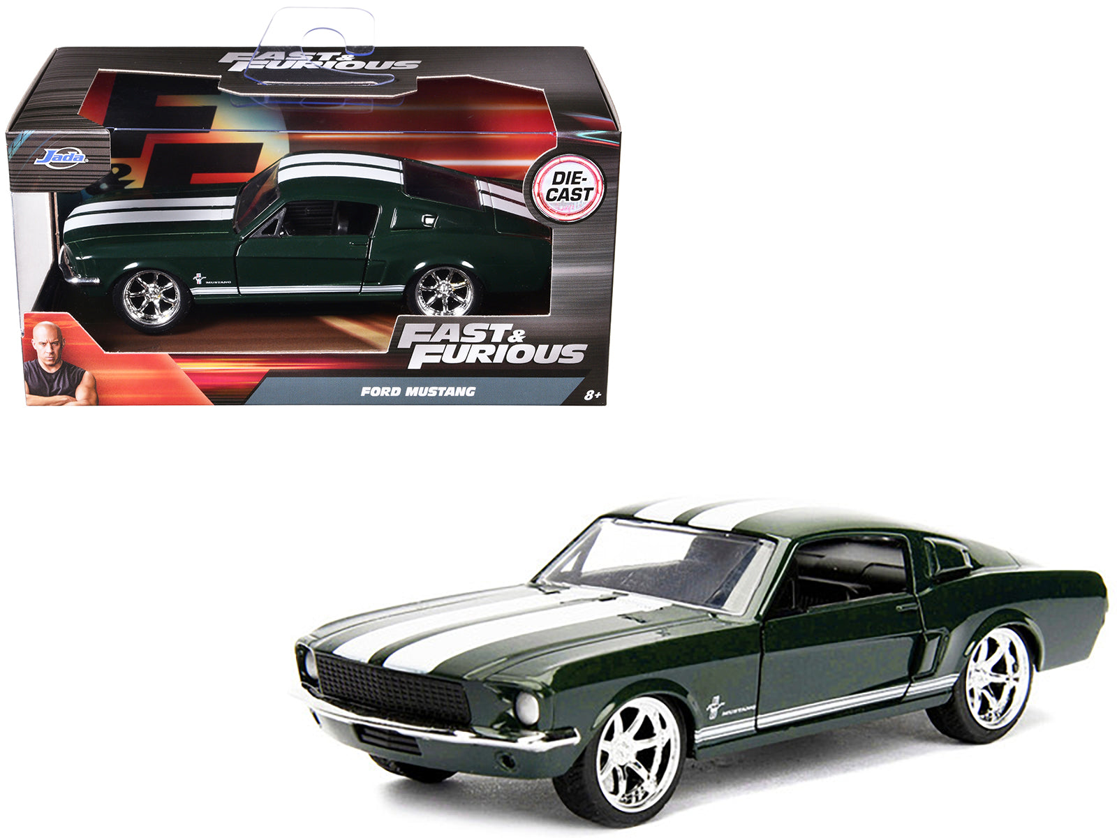 Sean's Ford Mustang Dark Green with White Stripes "Fast & Furious" Movie 1/32 Diecast Model Car by Jada-DiecastModeler.com