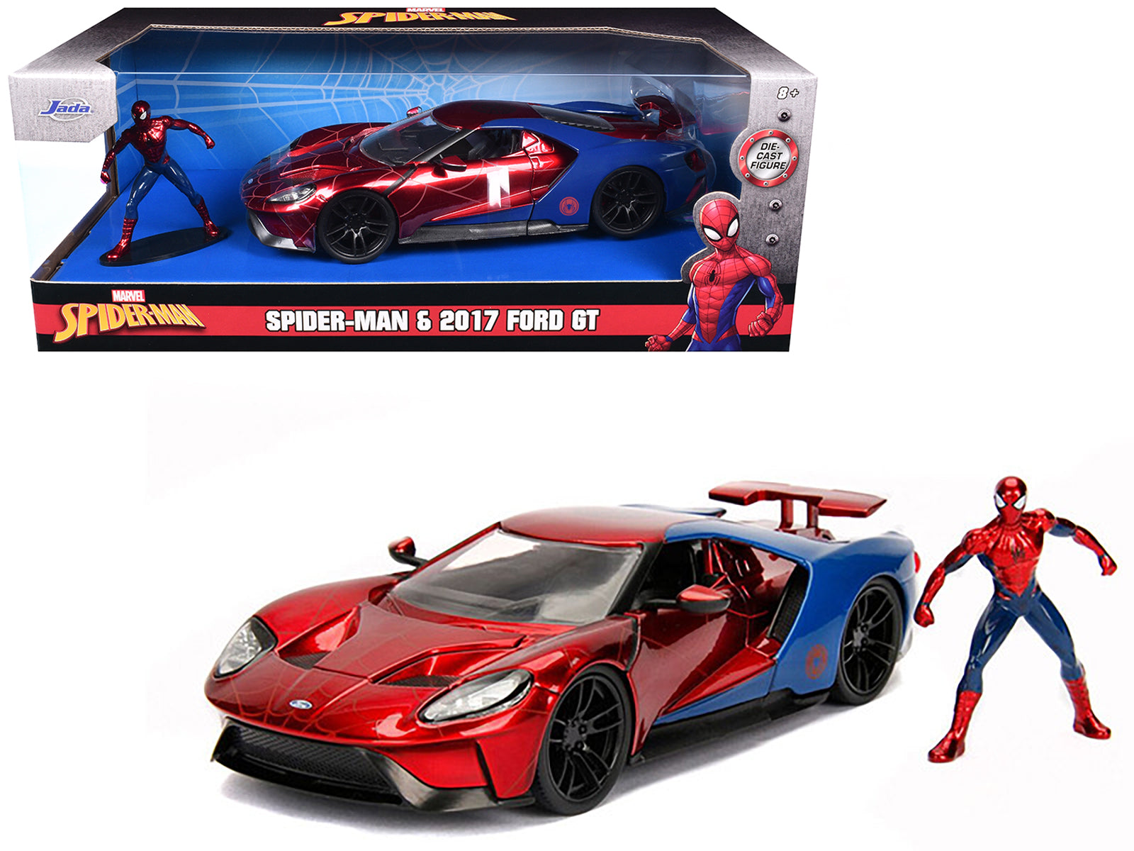 2017 Ford GT with Spider Man Diecast Figurine "Marvel" Series 1/24 Diecast Model Car by Jada-DiecastModeler.com