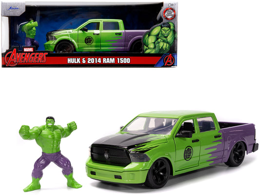 2014 RAM 1500 Pickup Truck Green and Purple and Hulk Diecast Figure "Marvel Avengers" "Hollywood Rides" Series 1/24 Diecast Model Car by Jada-DiecastModeler.com