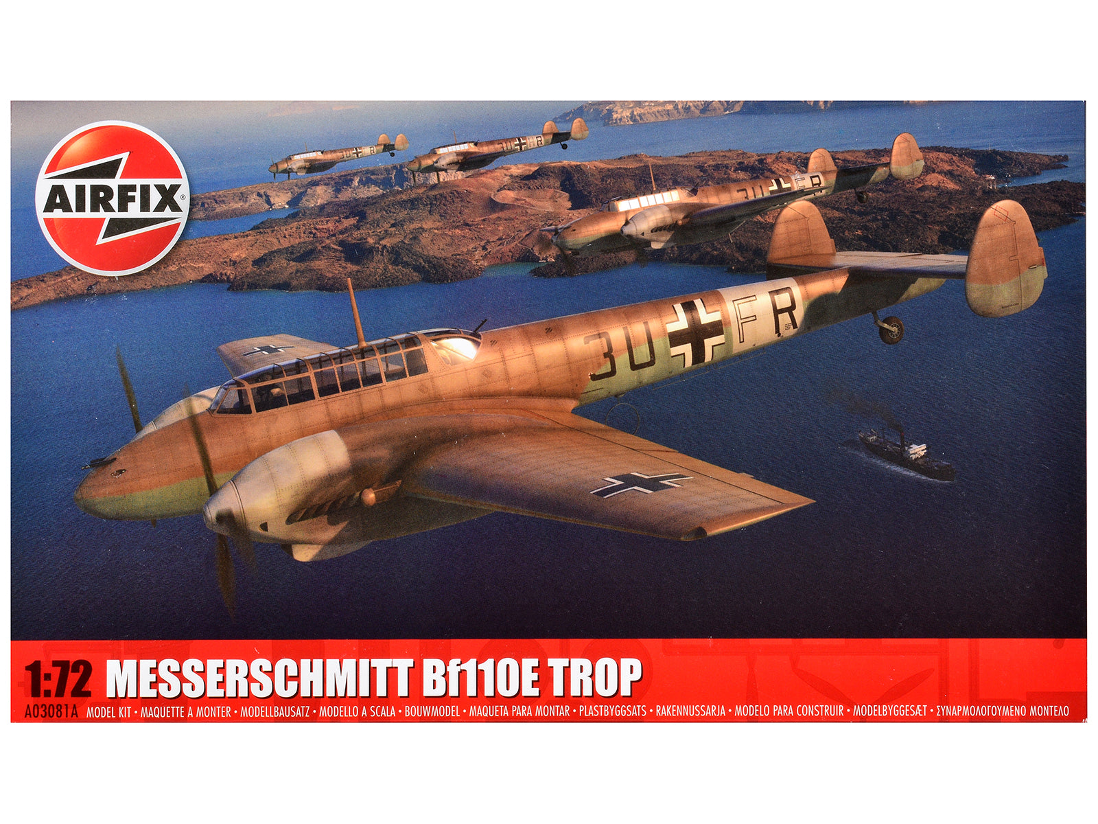 Level 2 Model Kit Messerschmitt Bf110E/E-2 TROP Fighter Aircraft with 2 Scheme Options 1/72 Plastic Model Kit by Airfix-DiecastModeler.com