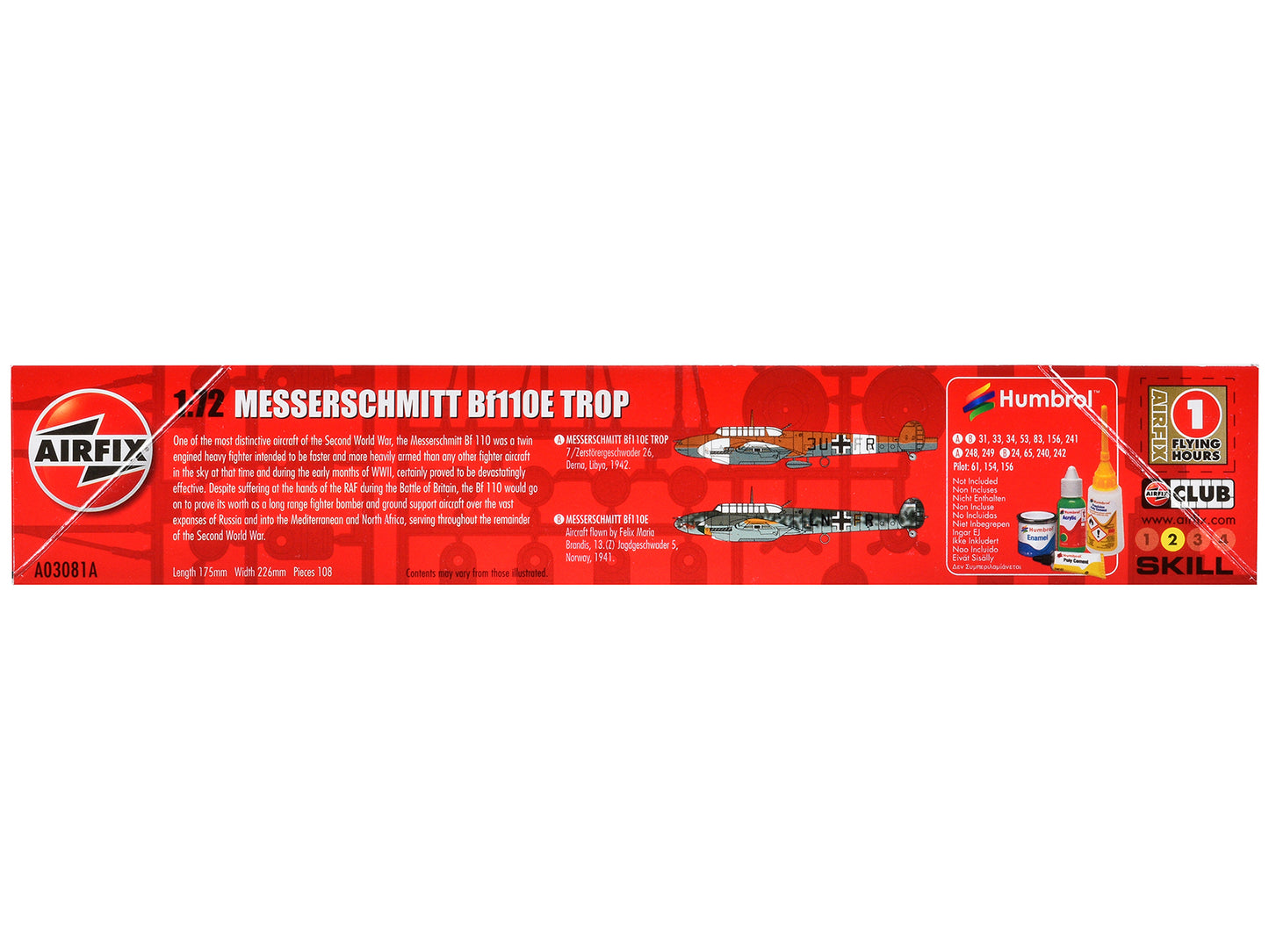 Level 2 Model Kit Messerschmitt Bf110E/E-2 TROP Fighter Aircraft with 2 Scheme Options 1/72 Plastic Model Kit by Airfix