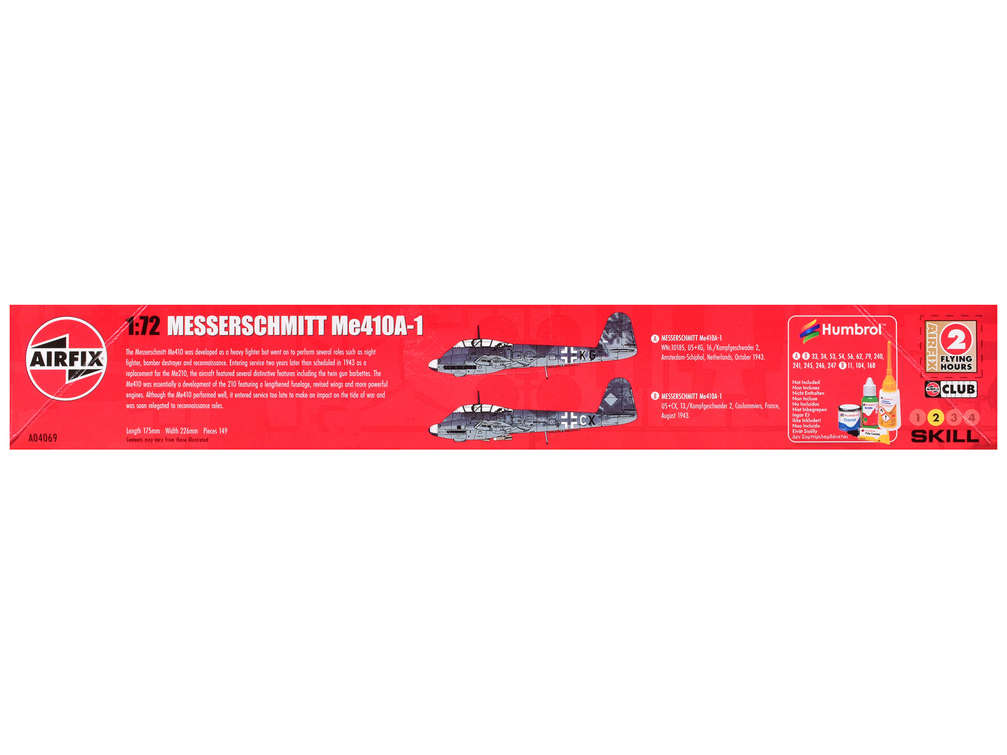 Level 2 Model Kit Messerschmitt Me410A-1 Fighter Aircraft with 2 Scheme Options 1/72 Plastic Model Kit by Airfix-DiecastModeler.com