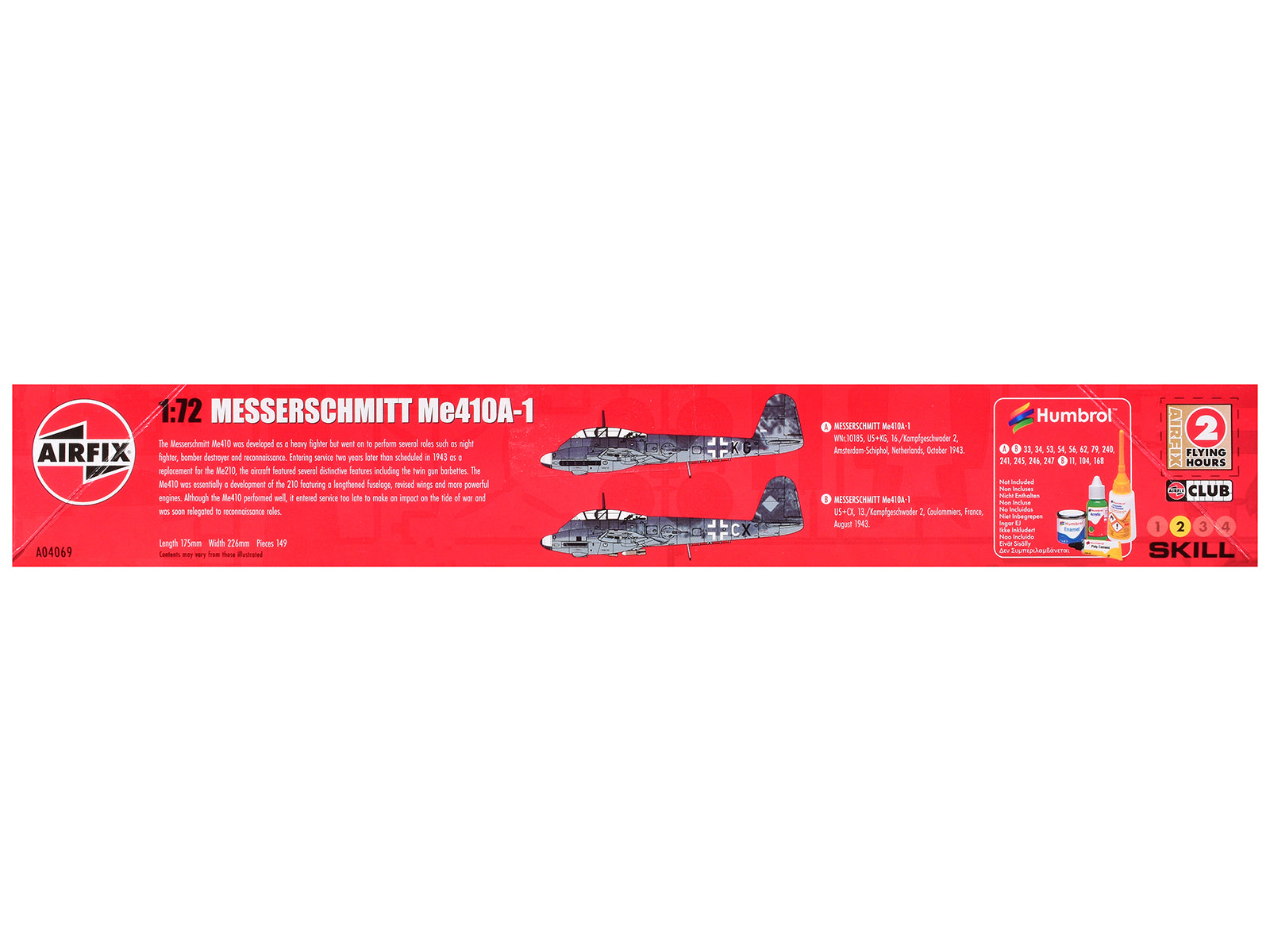 Level 2 Model Kit Messerschmitt Me410A-1 Fighter Aircraft with 2 Scheme Options 1/72 Plastic Model Kit by Airfix-DiecastModeler.com