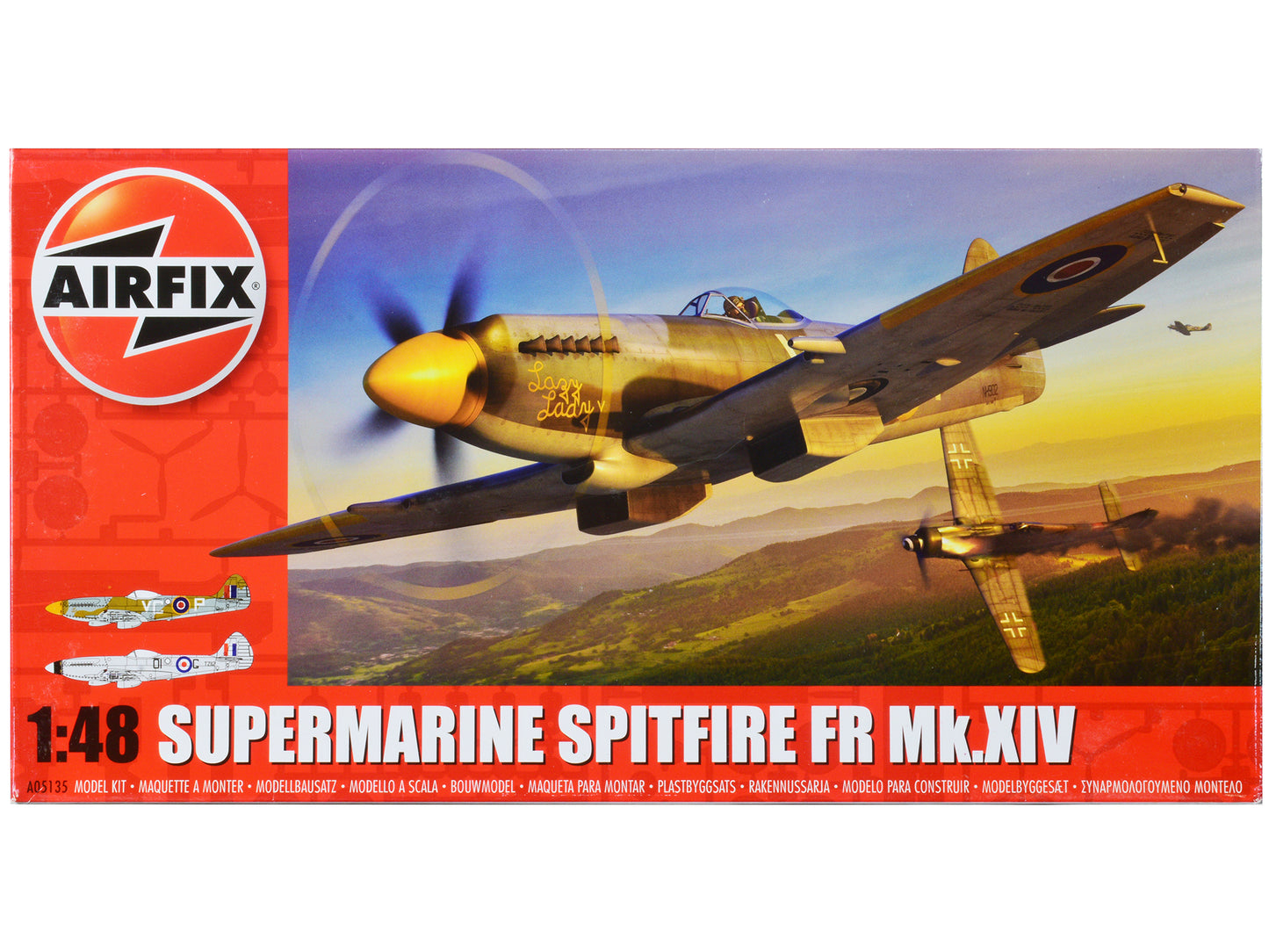 Level 2 Model Kit Supermarine Spitfire FR Mk.XIV Fighter Aircraft with 2 Scheme Options 1/48 Plastic Model Kit by Airfix-DiecastModeler.com