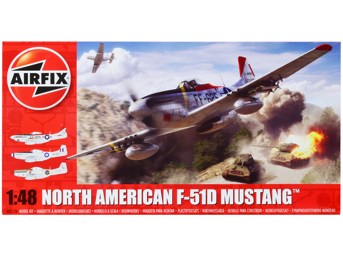 Level 2 Model Kit North American F-51D Mustang Fighter Aircraft with 3 Scheme Options 1/48 Plastic Model Kit by Airfix-DiecastModeler.com