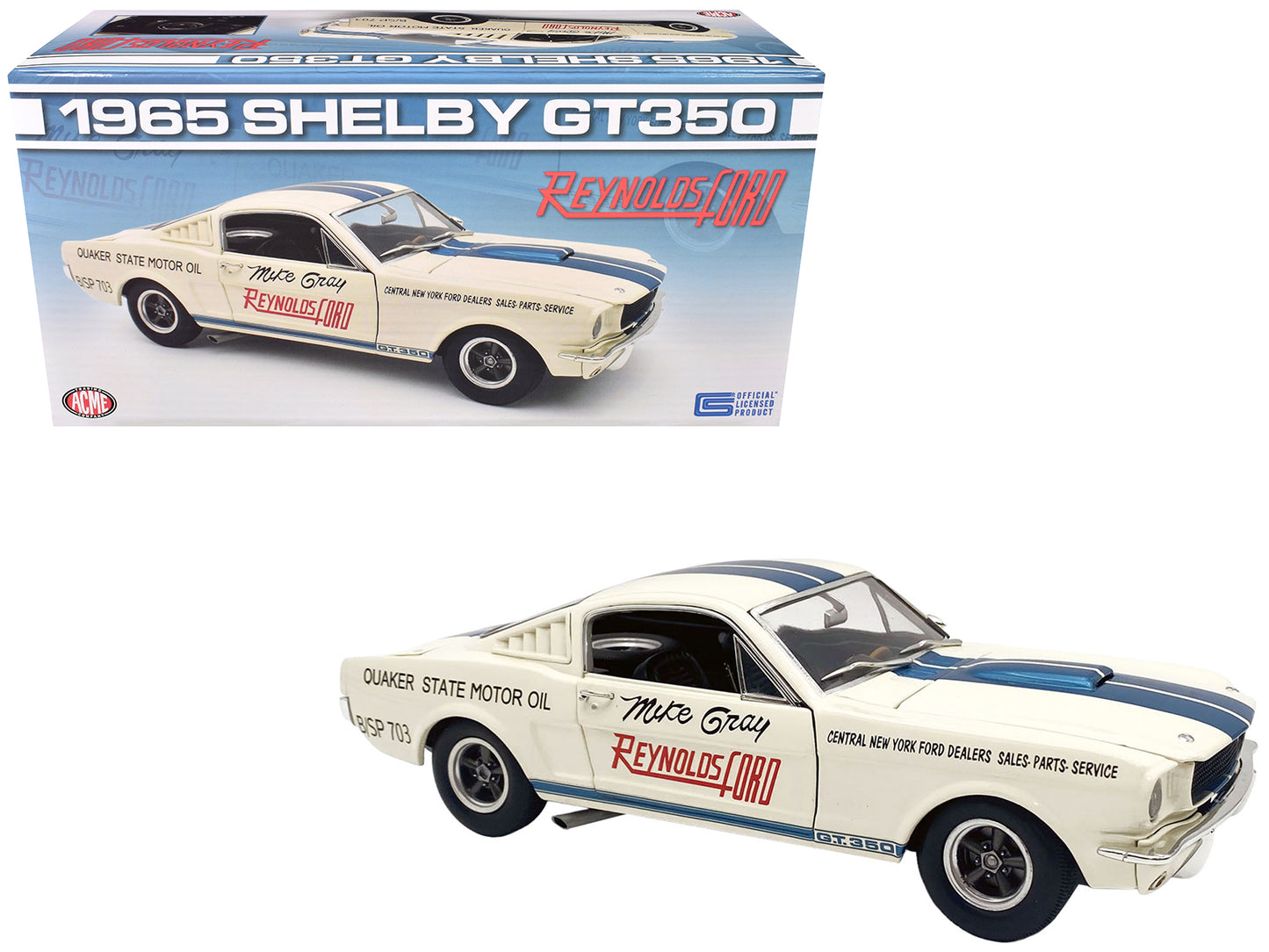 1965 Shelby GT350 "Reynolds Ford" White with Blue Stripes Limited Edition to 204 pieces Worldwide 1/18 Diecast Model Car by ACME-DiecastModeler.com