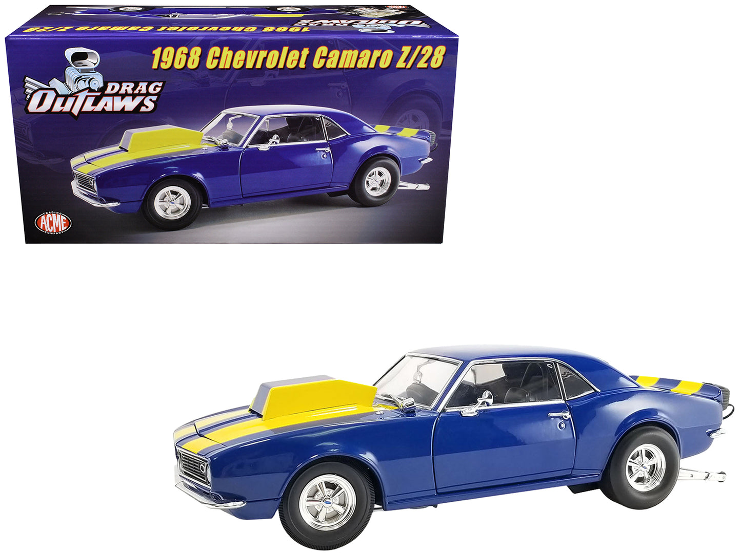 1968 Chevrolet Camaro Z/28 Blue with Yellow Stripes "Drag Outlaws" Limited Edition to 244 pieces Worldwide 1/18 Diecast Model Car by ACME-DiecastModeler.com