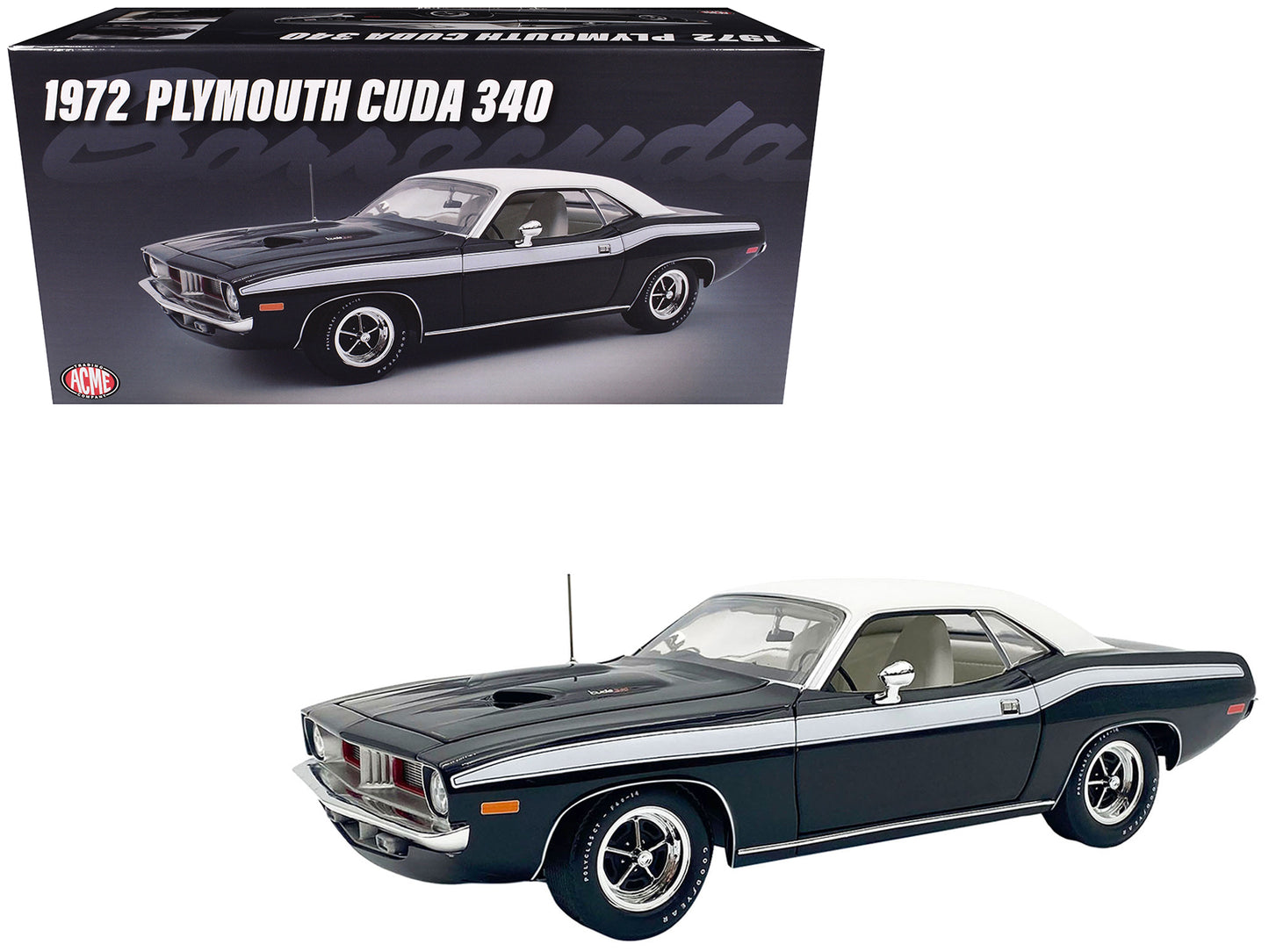 1972 Plymouth Cuda 340 Black with White Stripes Top and Interior Limited Edition to 490 pieces Worldwide 1/18 Diecast Model Car by ACME