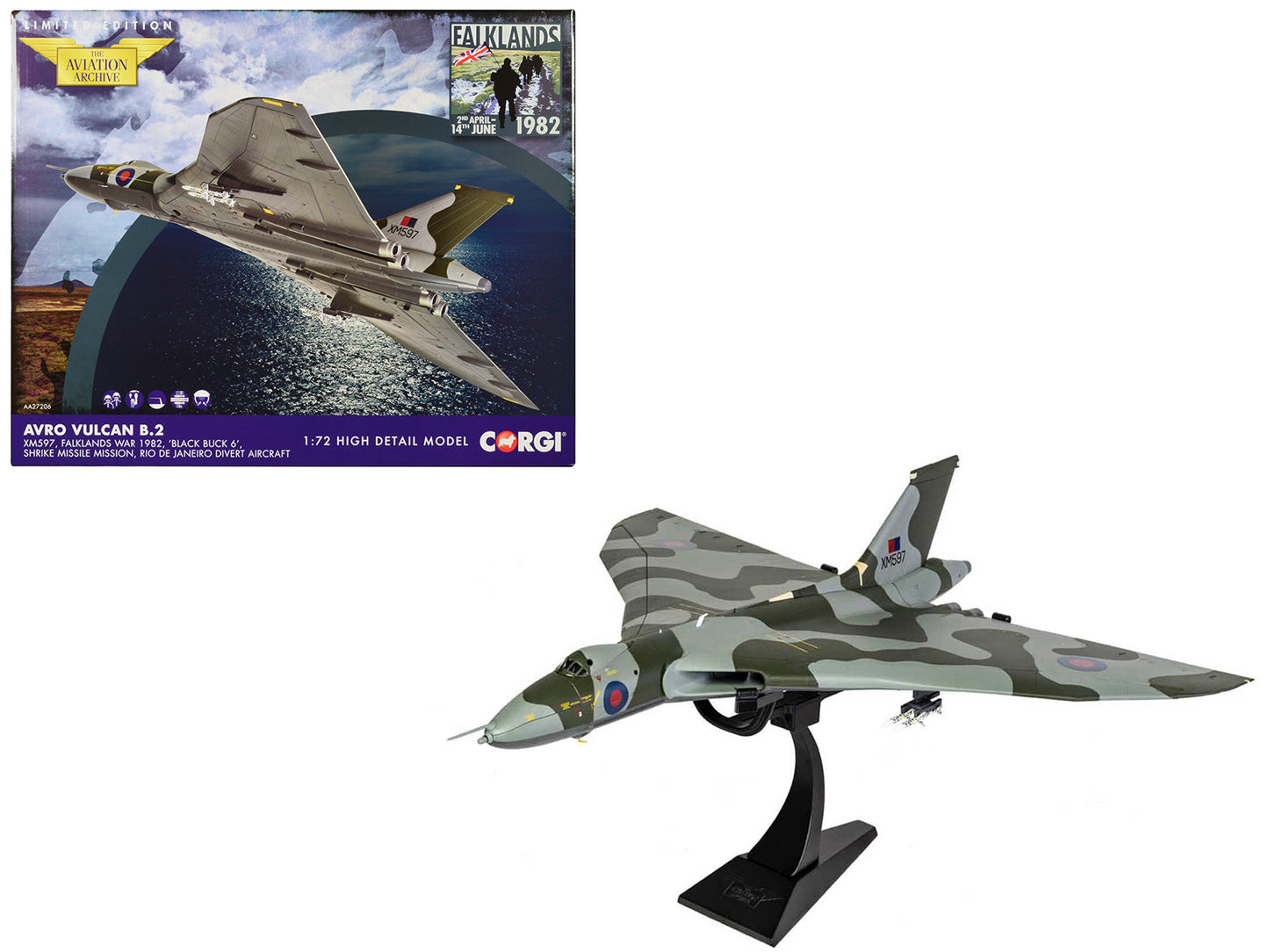 Avro Vulcan B2 Bomber Aircraft "XM597 'Black Buck 6 Shrike Missile Mission Rio de Janeiro Divert Aircraft Falklands War" (1982) British Royal Air Force "The Aviation Archive" Series 1/72 Diecast Model by Corgi-DiecastModeler.com