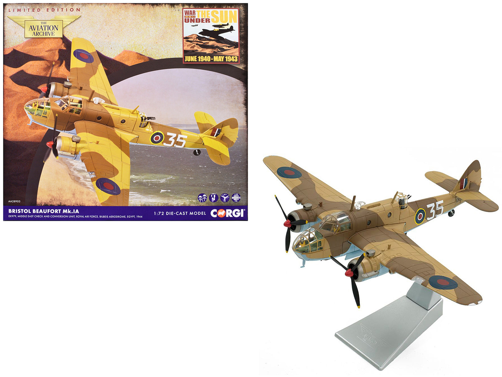 Bristol Beaufort MkIa Bomber Aircraft "EK979 Middle East Check and Conversion Unit" (1944) British Royal Air Force "The Aviation Archive" Series 1/72 Diecast Model by Corgi-DiecastModeler.com