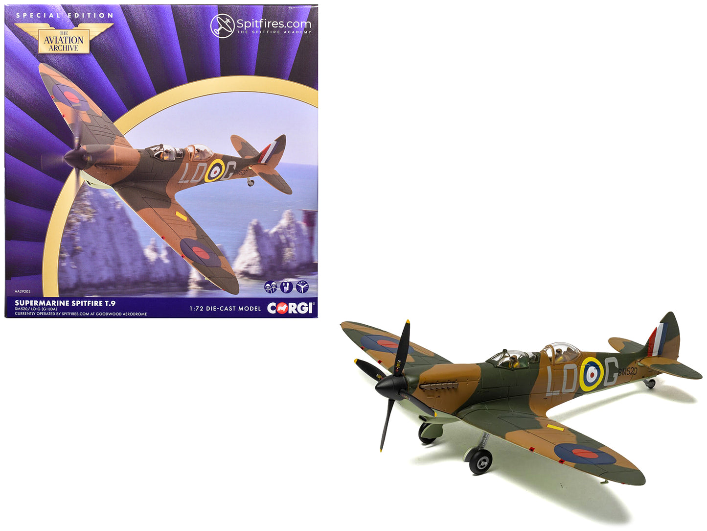 Supermarine Spitfire T.9 Aircraft "SM520 Spitfires.com Goodwood Aerodrome" British Royal Air Force "The Aviation Archive" Series 1/72 Diecast Model by Corgi-DiecastModeler.com