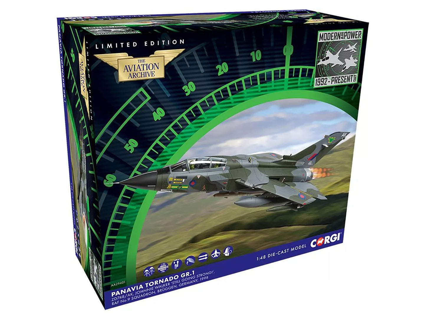 Panavia Tornado GR.1 Aircraft "Johnnie Walker 'Still Going Strong' No. 9 Squadron" (1998) British Royal Air Force "The Aviation Archive" Series 1/48 Diecast Model by Corgi-DiecastModeler.com