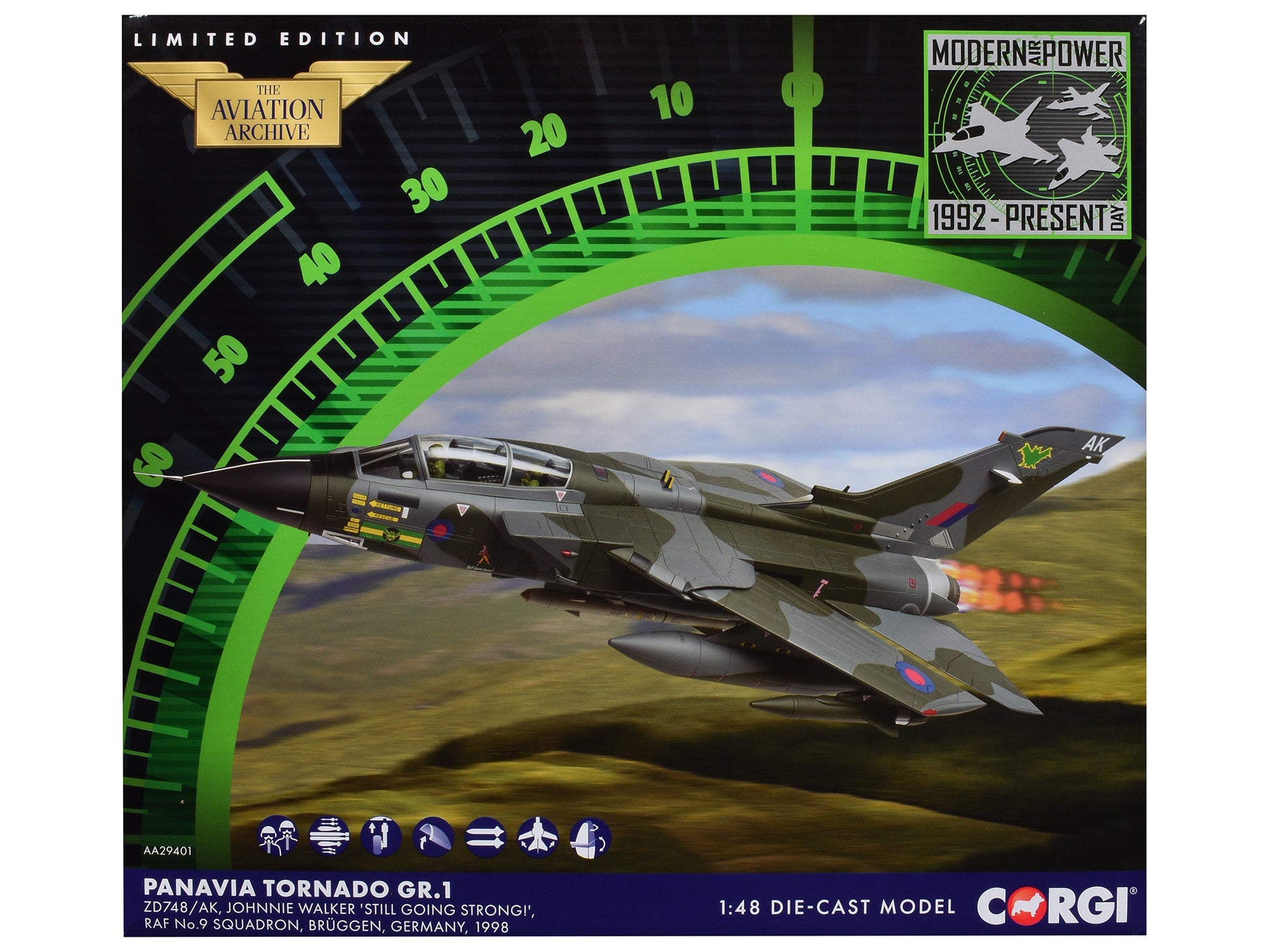 Panavia Tornado GR.1 Aircraft "Johnnie Walker 'Still Going Strong' No. 9 Squadron" (1998) British Royal Air Force "The Aviation Archive" Series 1/48 Diecast Model by Corgi-DiecastModeler.com