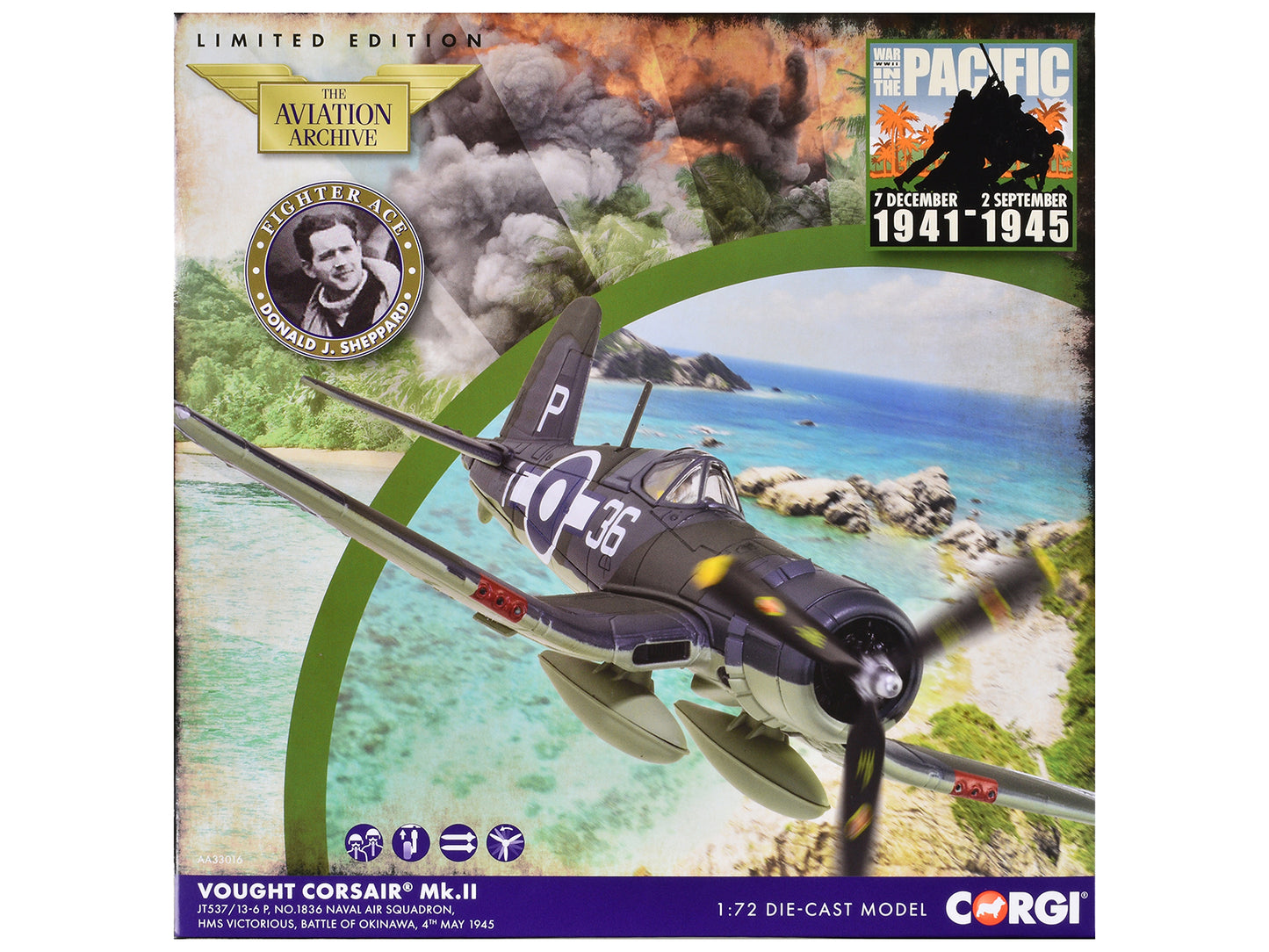 Vought Corsair Mk. II Fighter Aircraft "JT537 1836 Naval Air Squadron HMS Victorious Battle of Okinawa" (1945) British Royal Navy Fleet Air Arm "The Aviation Archive" Series 1/72 Diecast Model by Corgi
