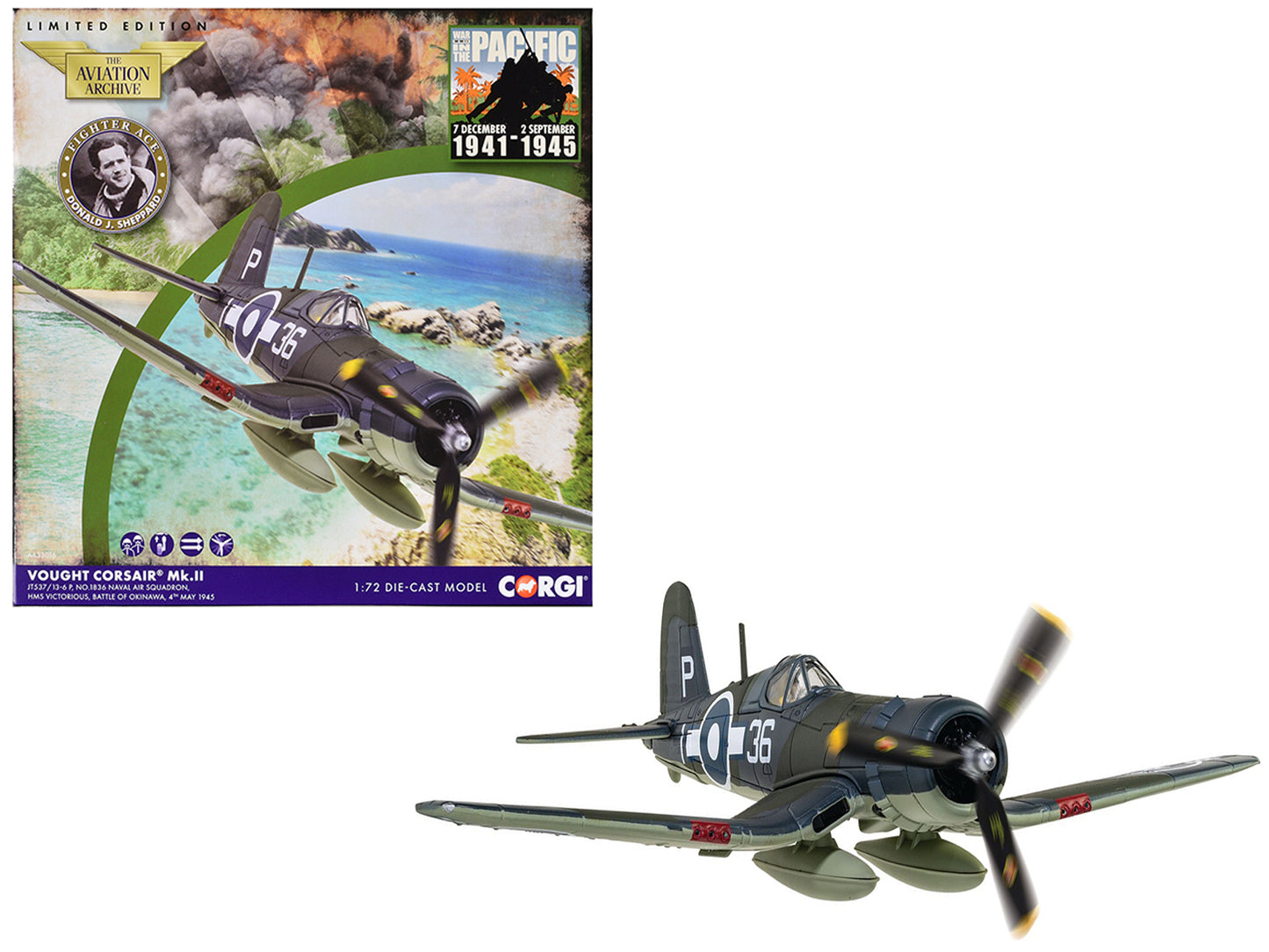 Vought Corsair Mk. II Fighter Aircraft "JT537 1836 Naval Air Squadron HMS Victorious Battle of Okinawa" (1945) British Royal Navy Fleet Air Arm "The Aviation Archive" Series 1/72 Diecast Model by Corgi-DiecastModeler.com
