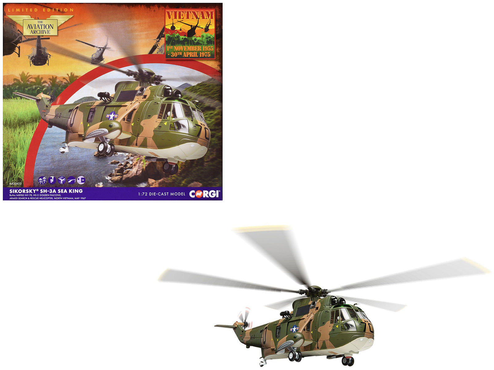 Sikorsky SH-3A Sea King Helicopter "HS-2 Golden Falcons Armed Search & Rescue North Vietnam" (1967) United States Navy "The Aviation Archive" Series 1/72 Diecast Model by Corgi-DiecastModeler.com