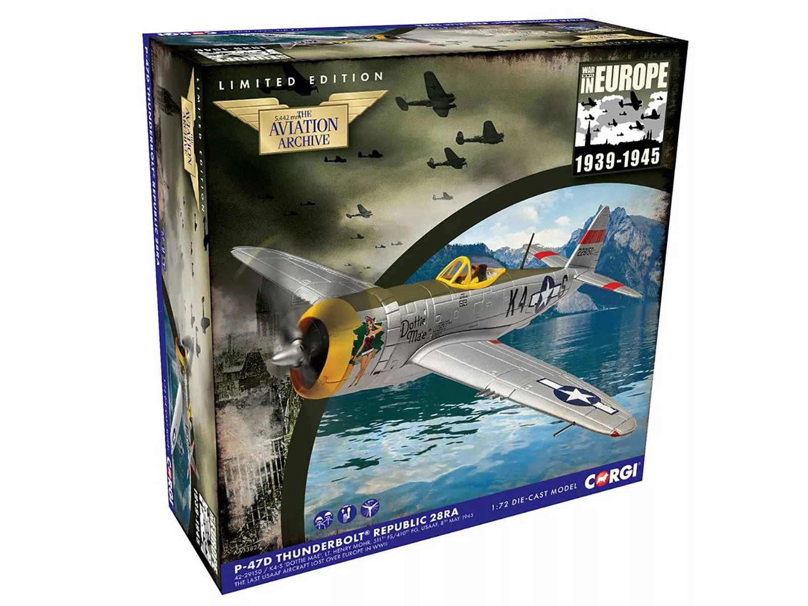 Republic P-47D Thunderbolt 28RA Fighter Aircraft "Dottie Mae 511th Fighter Squadron 405th Fighter Group" (1945) United States Army Air Forces "The Aviation Archive" Series 1/72 Diecast Model by Corgi-DiecastModeler.com