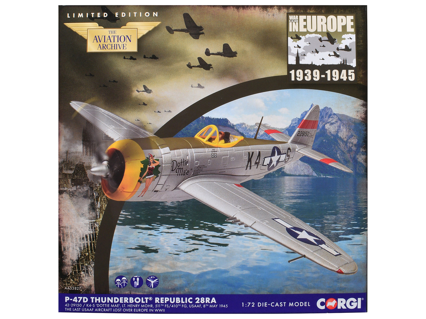 Republic P-47D Thunderbolt 28RA Fighter Aircraft "Dottie Mae 511th Fighter Squadron 405th Fighter Group" (1945) United States Army Air Forces "The Aviation Archive" Series 1/72 Diecast Model by Corgi-DiecastModeler.com