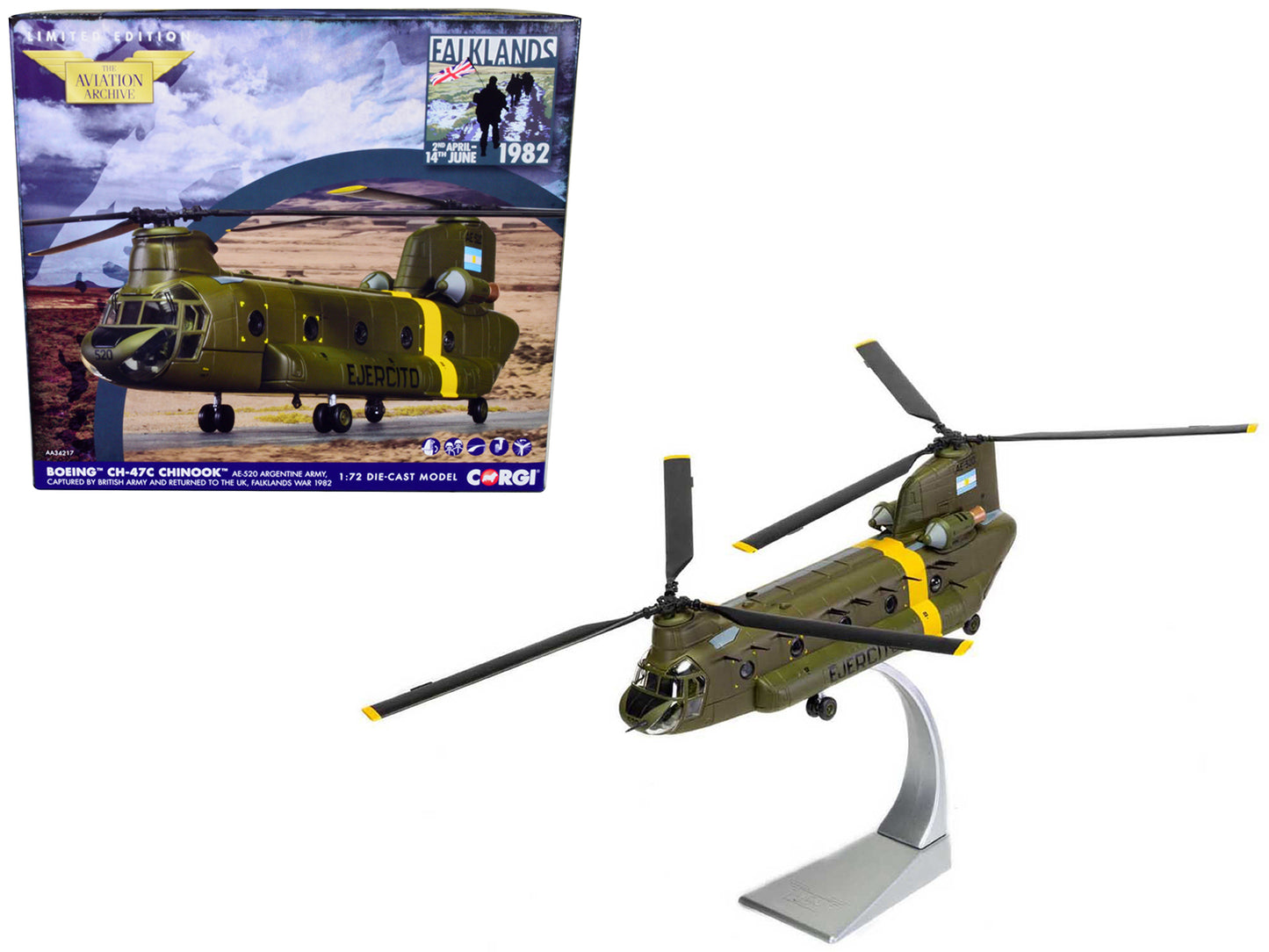 Boeing CH-47C Chinook Helicopter "AE-520 Falklands War" (1982) Argentine Army "The Aviation Archive" Series 1/72 Diecast Model by Corgi-DiecastModeler.com