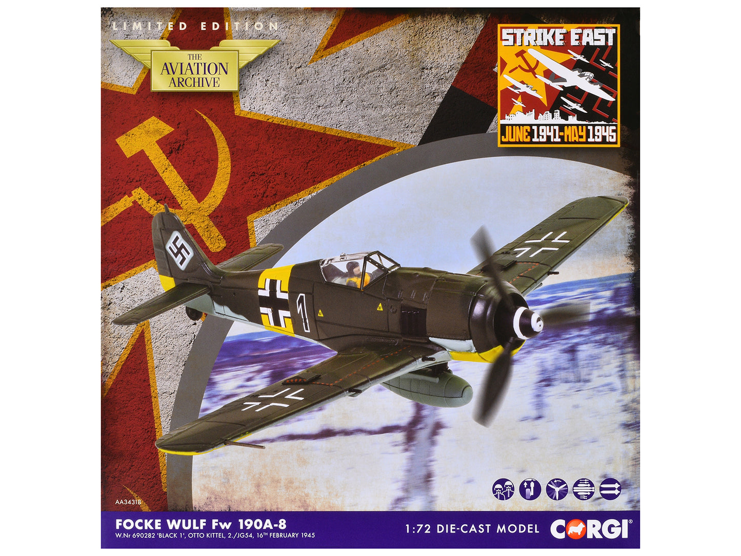 Focke-Wulf Fw 190A-8 Fighter Aircraft "Black 1 Oberleutnant Otto Kittel 2./JG54" (1945) German Luftwaffe "The Aviation Archive" Series 1/72 Diecast Model by Corgi