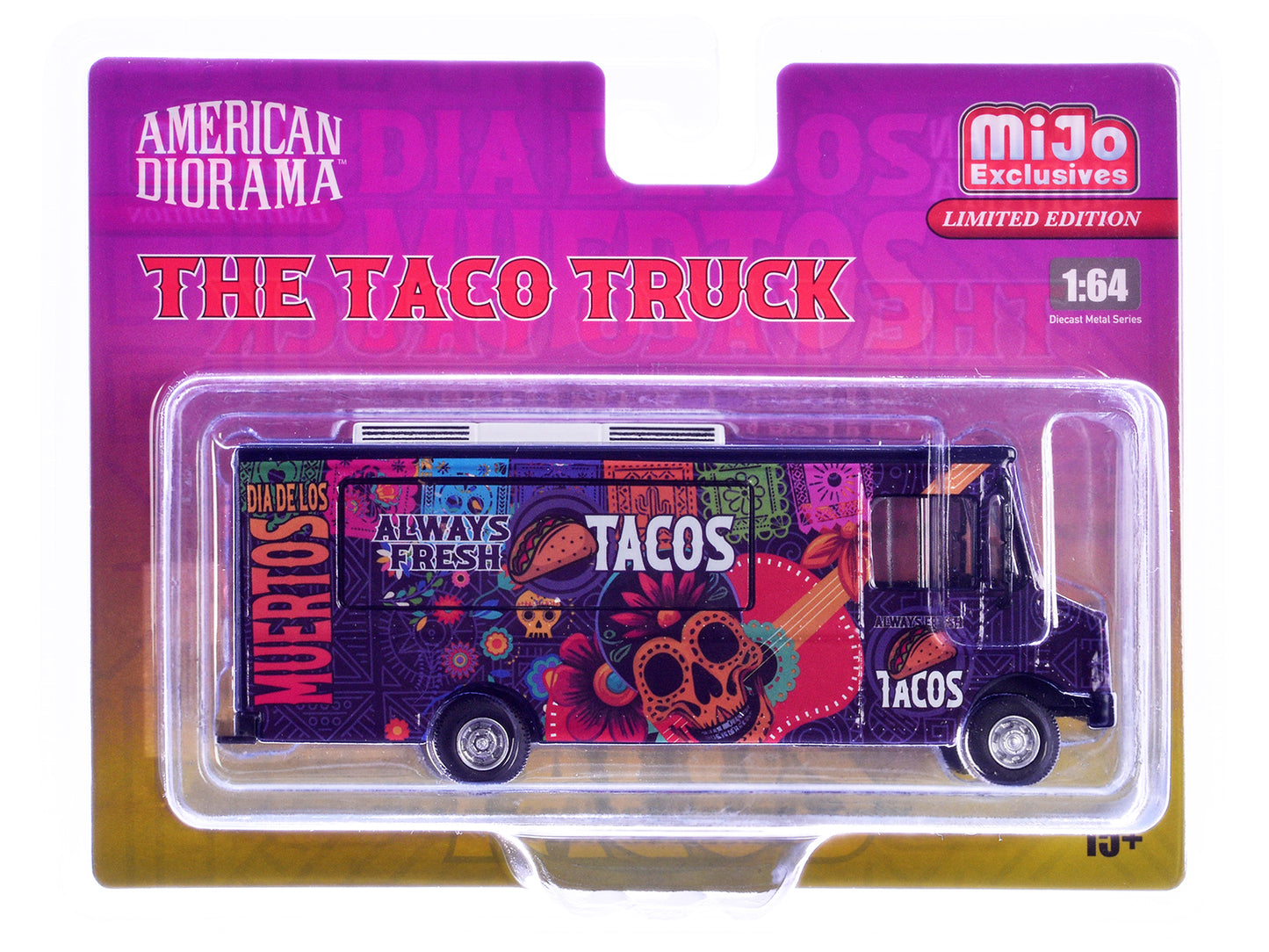 Food Truck "The Taco Truck" Purple with Graphics 1/64 Diecast Model by American Diorama-DiecastModeler.com
