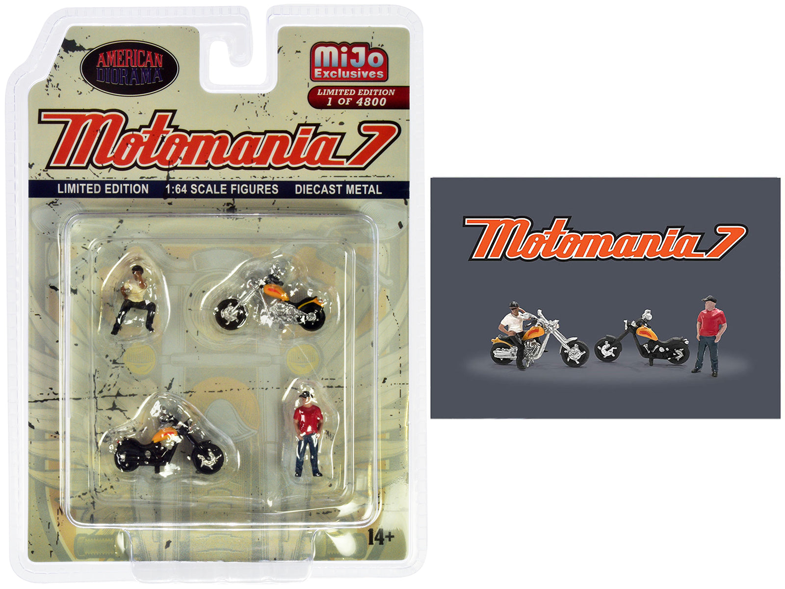 "Motomania 7" 4 piece Diecast Figure Set (2 Figures 2 Motorcycles) Limited Edition to 4800 pieces Worldwide for 1/64 scale models by American Diorama-DiecastModeler.com