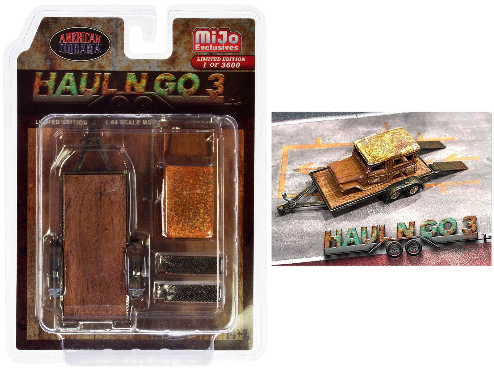 "Haul N Go 3" 4 piece Diecast Model Set (1 Flatbed Trailer 1 Abandoned Car 2 Ramps) Limited Edition to 3600 pieces Worldwide for 1/64 scale models by American Diorama-DiecastModeler.com