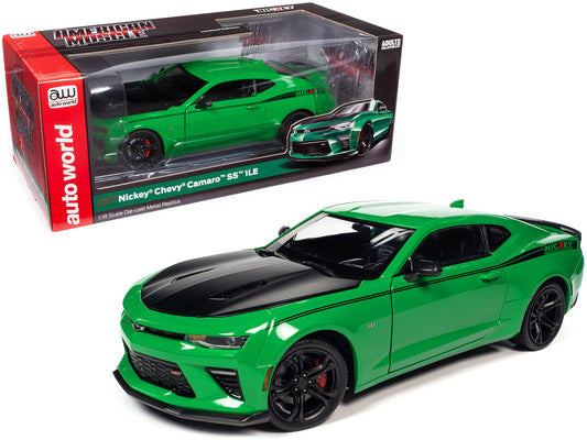 2017 Chevrolet Nickey Camaro SS 1LE Krypton Green with Matt Black Hood and Black Stripes 1/18 Diecast Model Car by Auto World-DiecastModeler.com