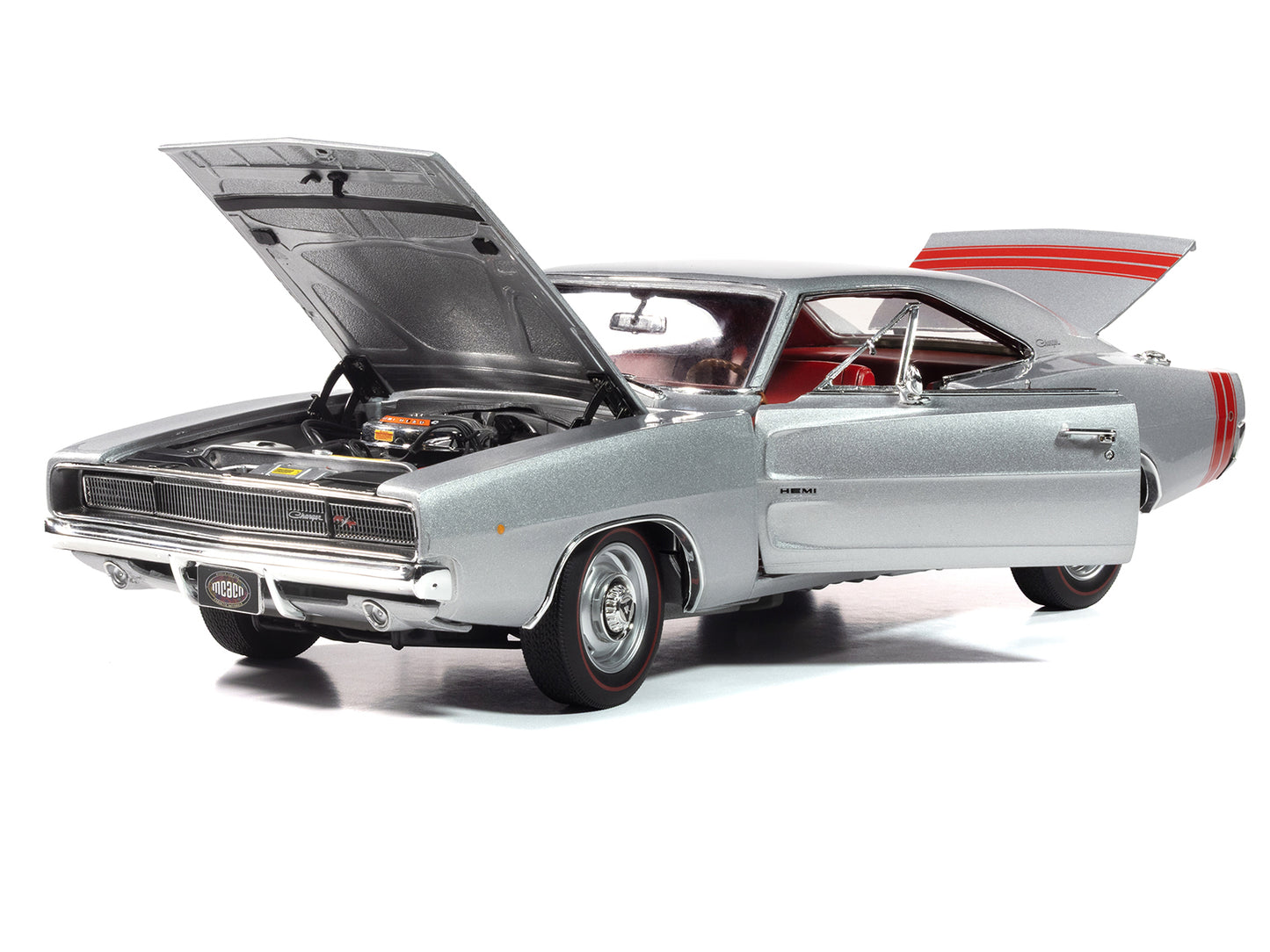 1968 Dodge Charger R/T "Muscle Car & Corvette Nationals" (MCACN) Silver Metallic with Red Interior "American Muscle" Series 1/18 Diecast Model Car by Auto World