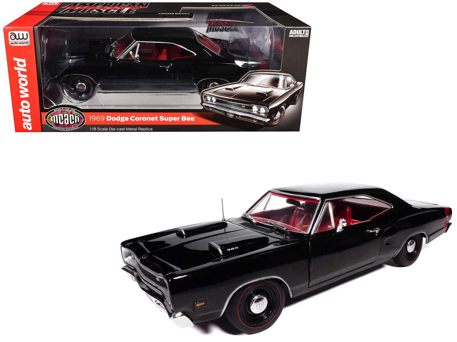 1969 Dodge Coronet Super Bee "Muscle Car & Corvette Nationals" (MCACN) Black with Red Interior "American Muscle" Series 1/18 Diecast Model Car by Auto World-DiecastModeler.com