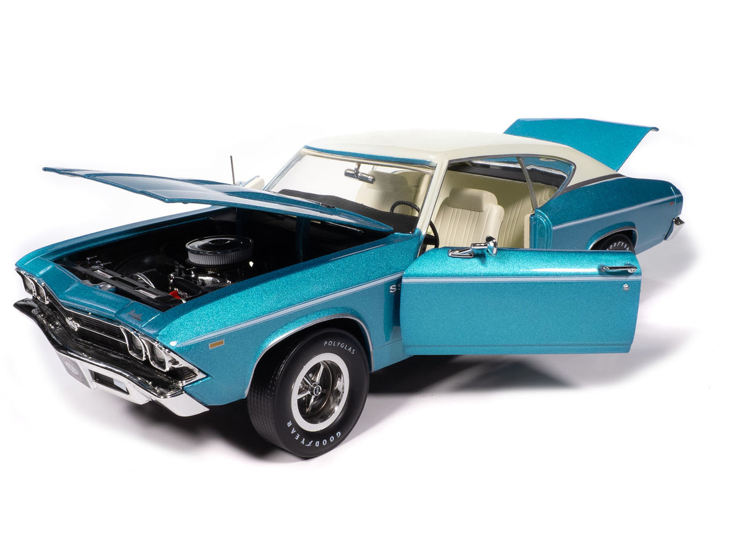 1969 Chevrolet Chevelle SS 396 Azure Turquoise Metallic with White Stripes White Vinyl Top and Interior "Muscle Car & Corvette Nationals" (MCACN) "American Muscle" Series 1/18 Diecast Model Car by Auto World