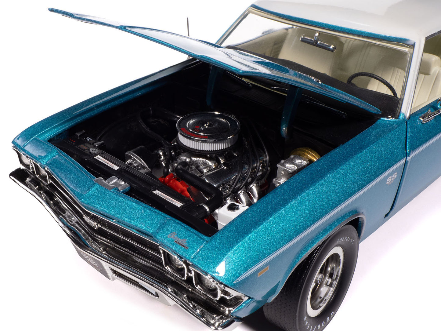 1969 Chevrolet Chevelle SS 396 Azure Turquoise Metallic with White Stripes White Vinyl Top and Interior "Muscle Car & Corvette Nationals" (MCACN) "American Muscle" Series 1/18 Diecast Model Car by Auto World