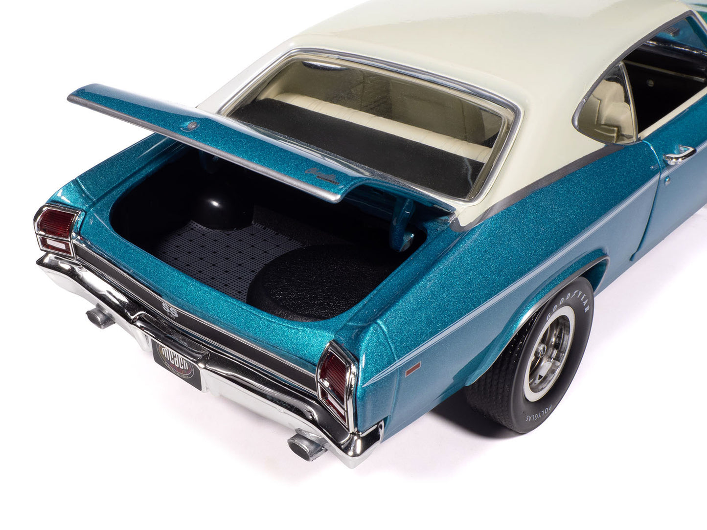 1969 Chevrolet Chevelle SS 396 Azure Turquoise Metallic with White Stripes White Vinyl Top and Interior "Muscle Car & Corvette Nationals" (MCACN) "American Muscle" Series 1/18 Diecast Model Car by Auto World