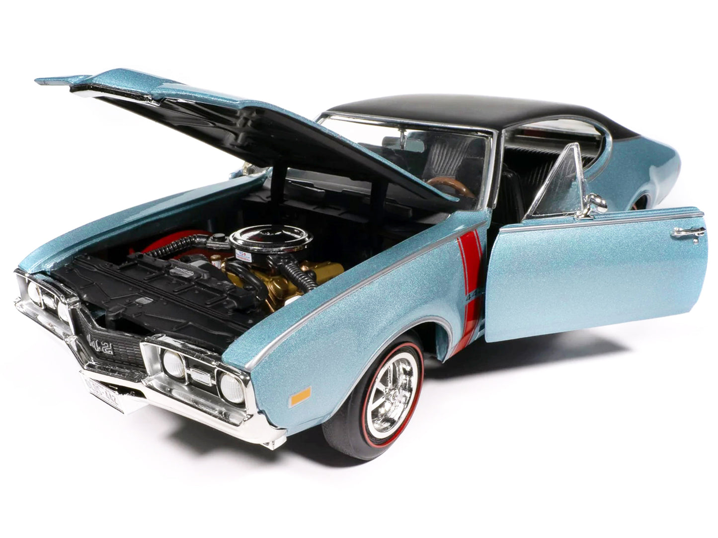 1968 Oldsmobile 442 W30 Holiday Coupe Teal Frost Metallic with Red Stripes and Black Vinyl Top "Hemmings Motor News July 2023 Cover Car" "American Muscle" Series 1/18 Diecast Model Car by Auto World-DiecastModeler.com
