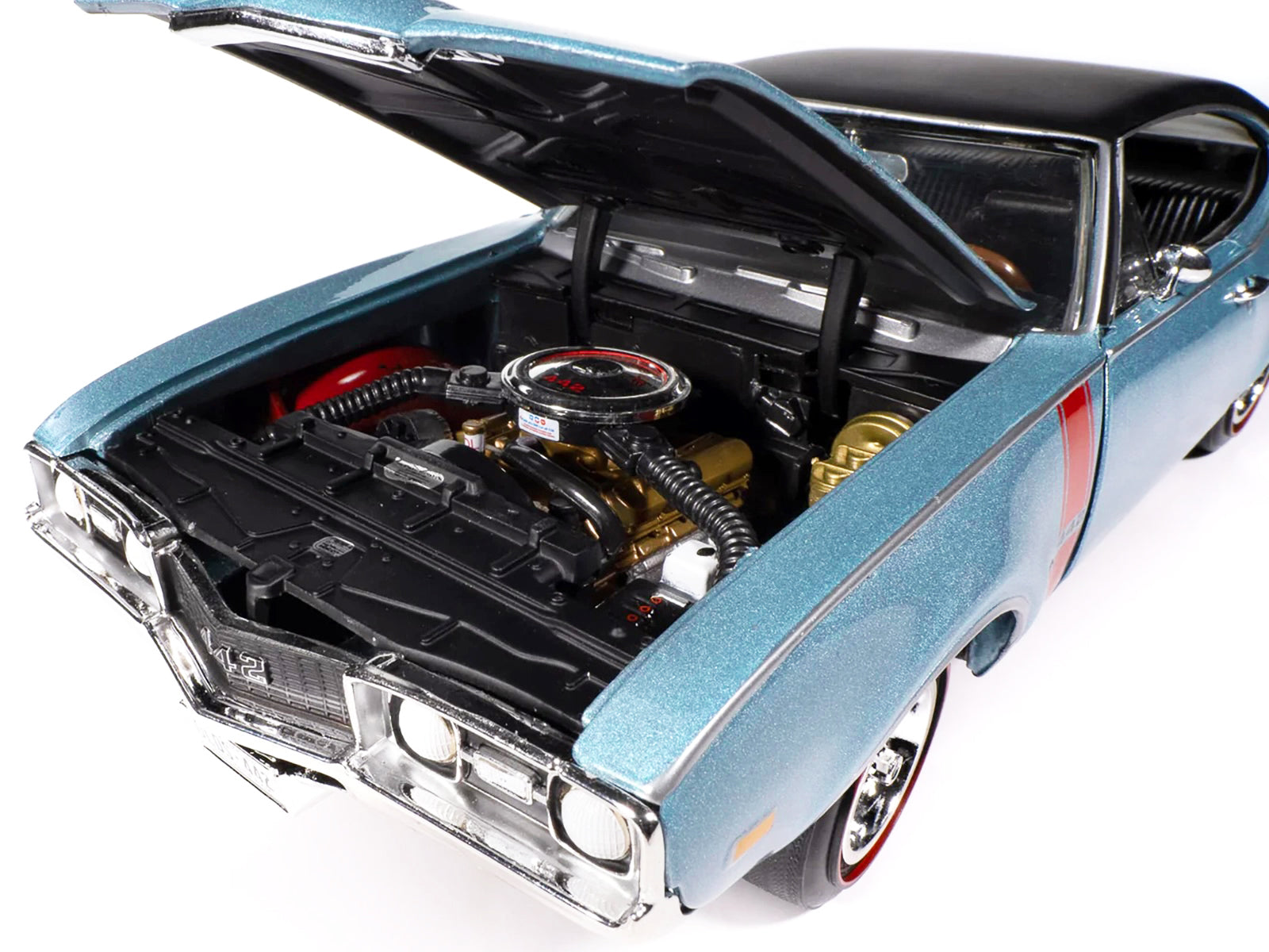 1968 Oldsmobile 442 W30 Holiday Coupe Teal Frost Metallic with Red Stripes and Black Vinyl Top "Hemmings Motor News July 2023 Cover Car" "American Muscle" Series 1/18 Diecast Model Car by Auto World-DiecastModeler.com
