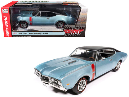 1968 Oldsmobile 442 W30 Holiday Coupe Teal Frost Metallic with Red Stripes and Black Vinyl Top "Hemmings Motor News July 2023 Cover Car" "American Muscle" Series 1/18 Diecast Model Car by Auto World-DiecastModeler.com