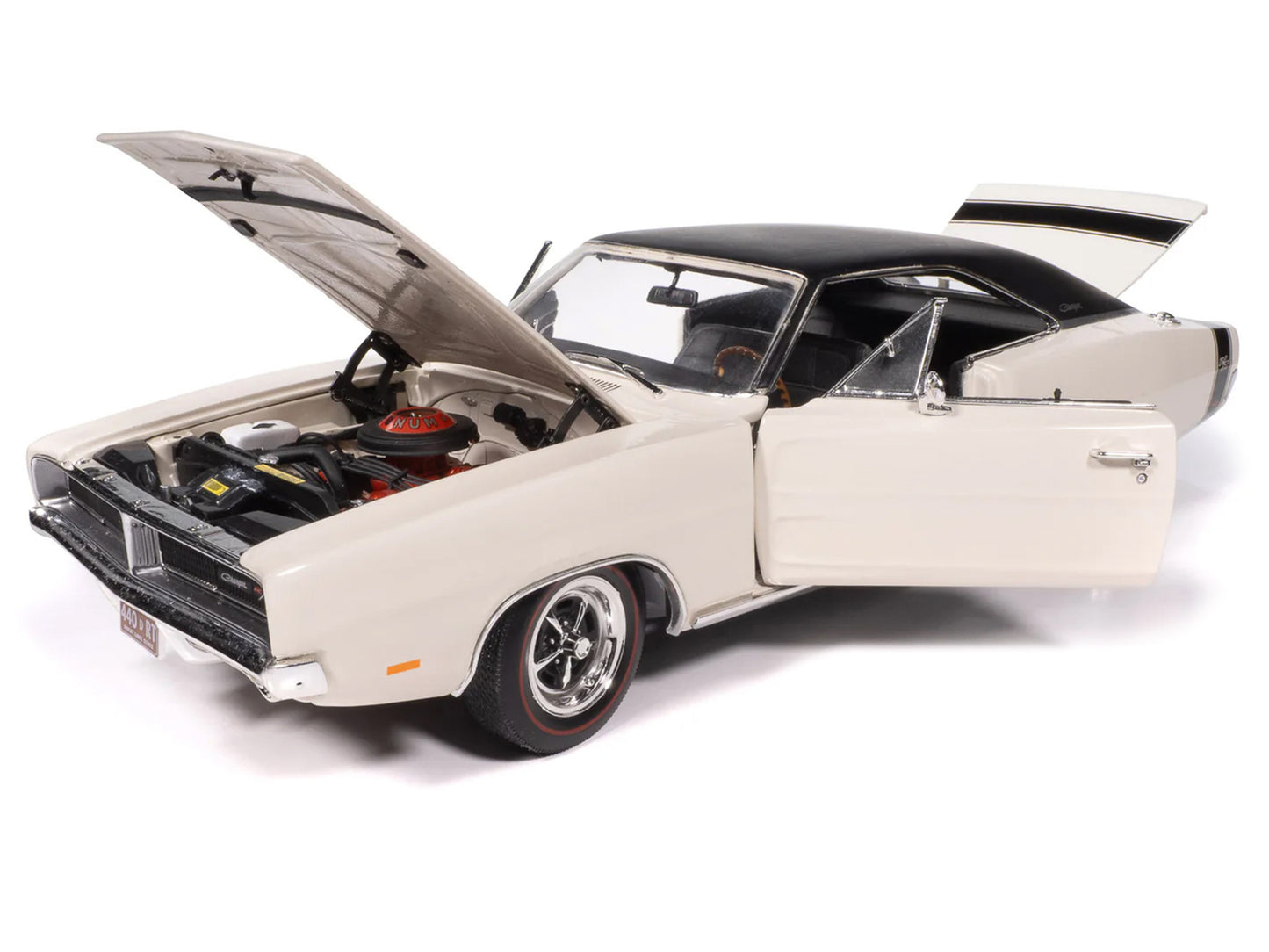 1969 Dodge Charger R/T W1 White with Black Vinyl Top and Black Tail Stripe "American Muscle" Series 1/18 Diecast Model Car by Auto World
