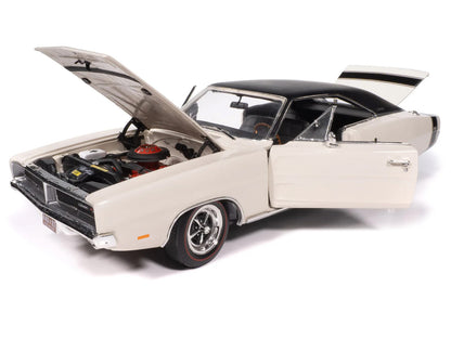 1969 Dodge Charger R/T W1 White with Black Vinyl Top and Black Tail Stripe "American Muscle" Series 1/18 Diecast Model Car by Auto World