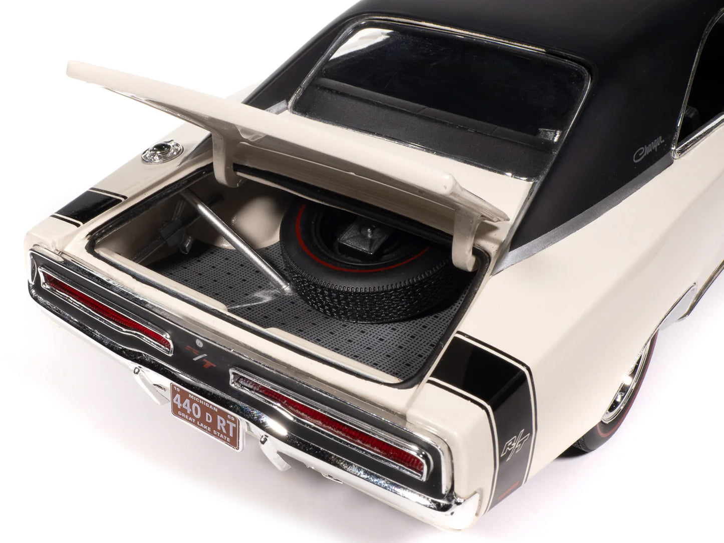 1969 Dodge Charger R/T W1 White with Black Vinyl Top and Black Tail Stripe "American Muscle" Series 1/18 Diecast Model Car by Auto World