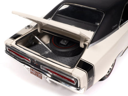 1969 Dodge Charger R/T W1 White with Black Vinyl Top and Black Tail Stripe "American Muscle" Series 1/18 Diecast Model Car by Auto World